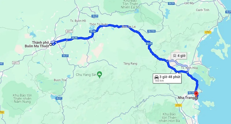 Bản đồ kết nối giữa phố núi Buôn Ma Thuột và thành phố biển Nha Trang.